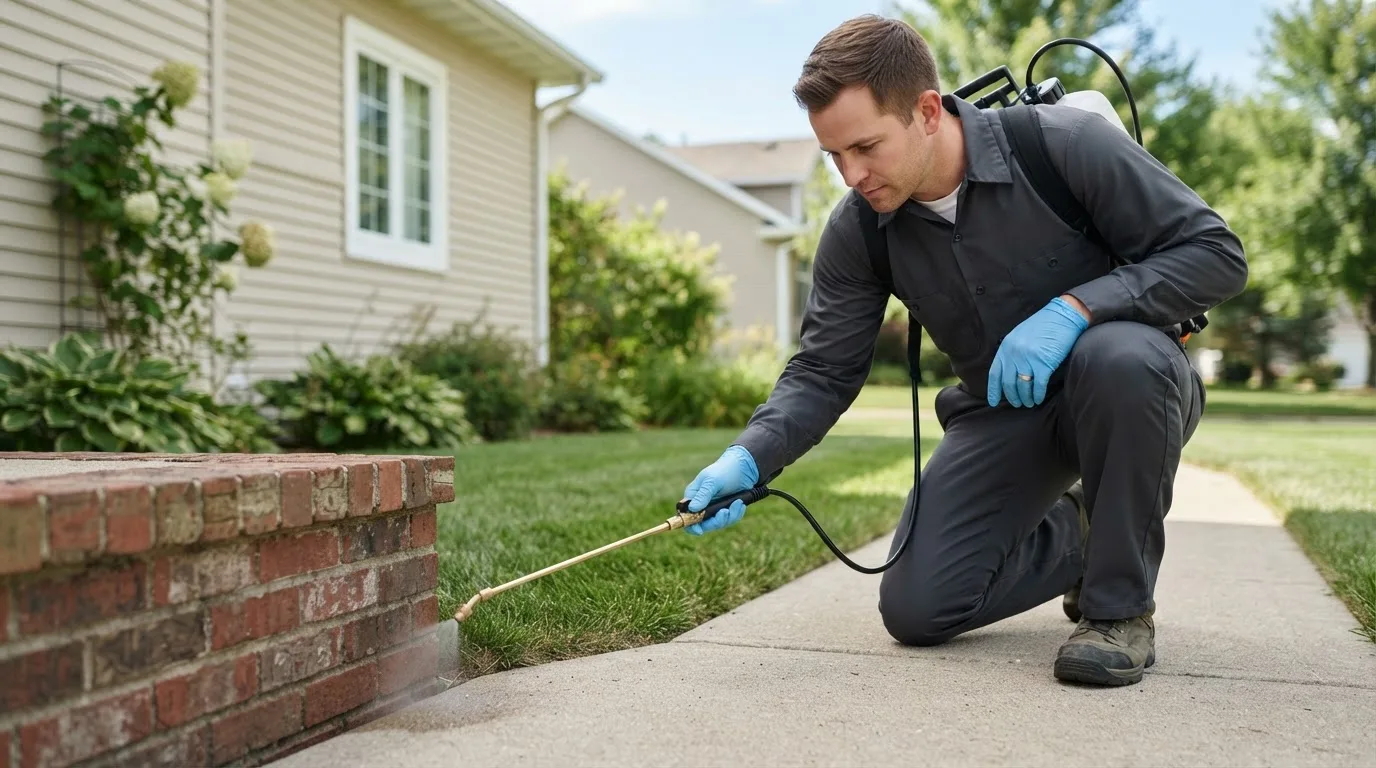 Pest control technician treating a home near Harpster, OH
