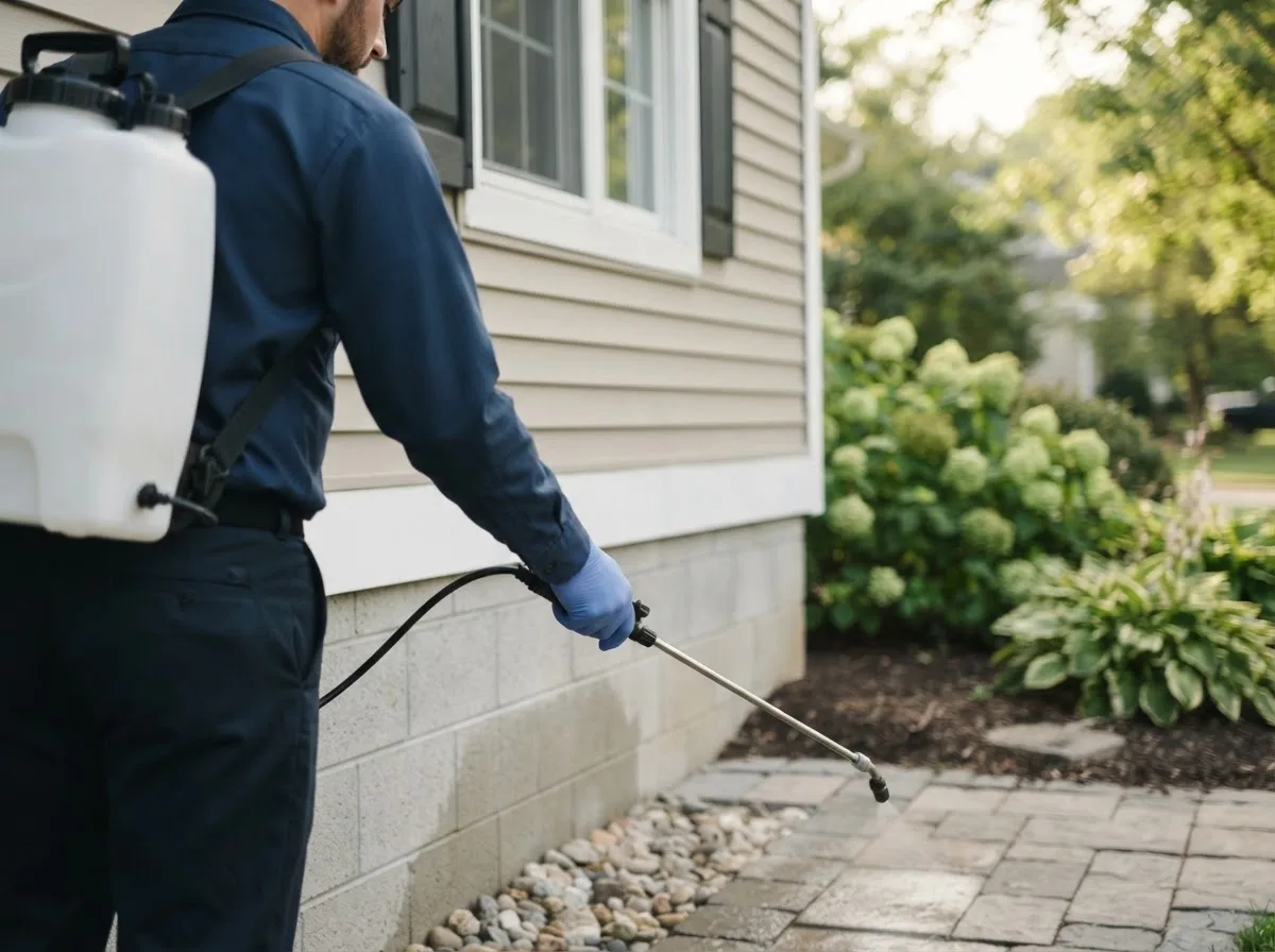 Pest control technician inspecting a home in Harpster, OH